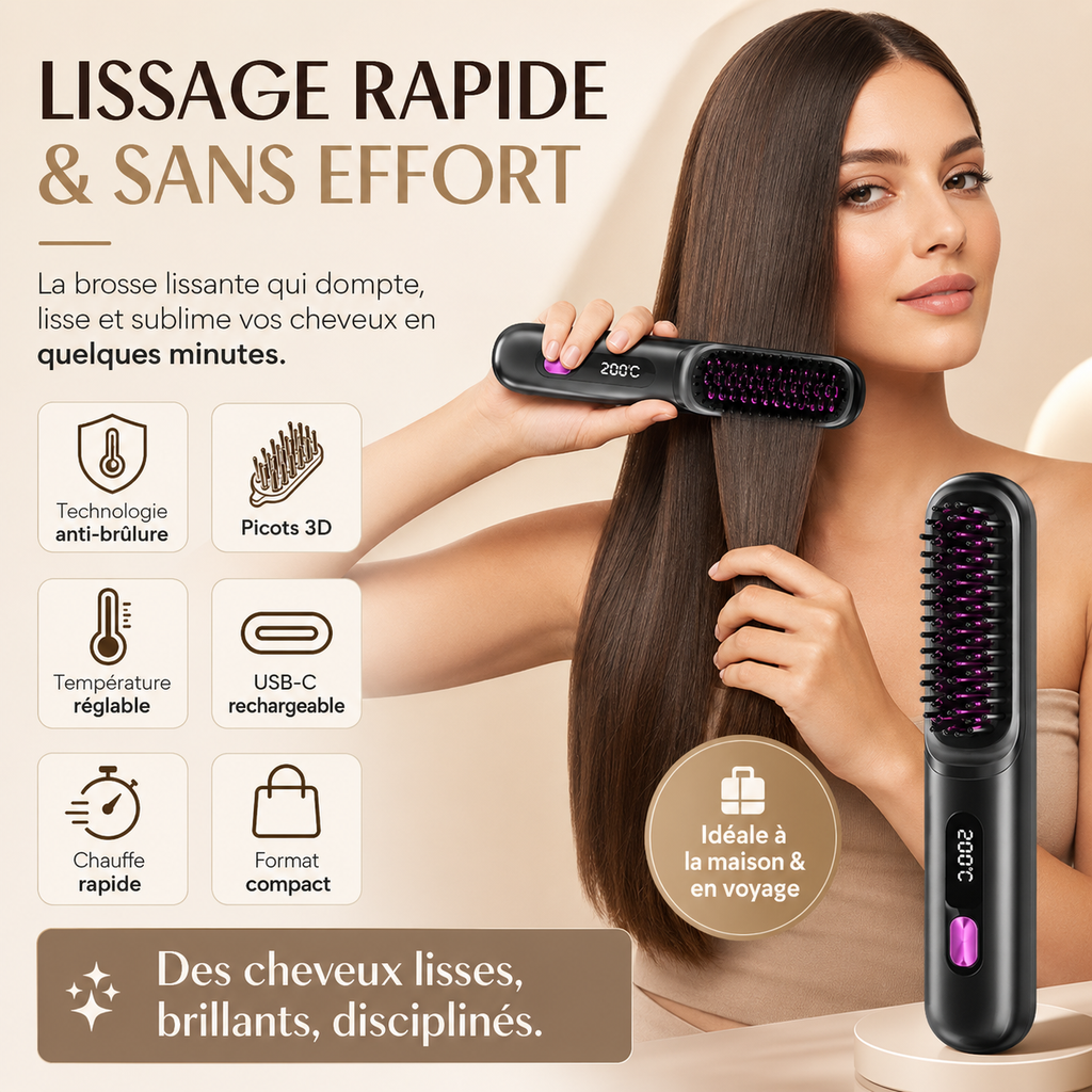 Brosse Lissante Sans Fil USB – Lissage Rapide, Écran LCD & Format Voyage