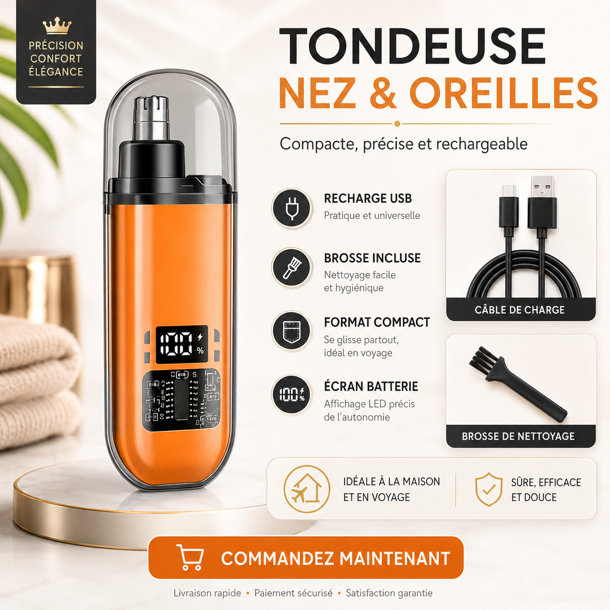 Tondeuse Nez & Oreilles USB-C – Coupe Précise, Sans Douleur & Recharge Rapide