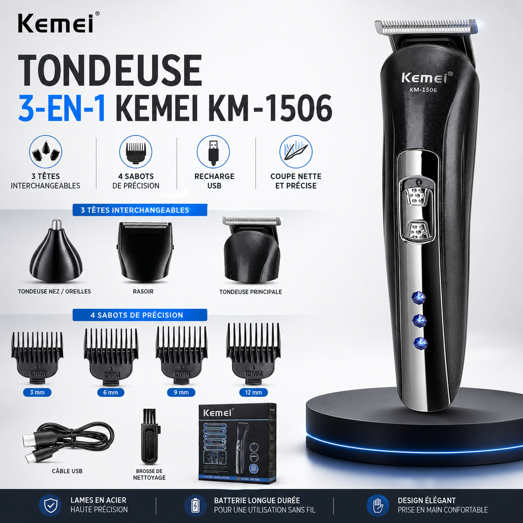 Rasoir Électrique 3 en 1 Kemei – Coupe, Rasage & Finitions Précises