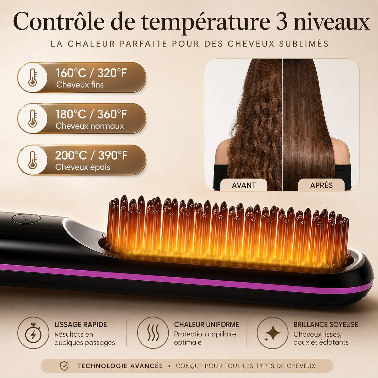 Brosse Lissante Sans Fil USB – Lissage Rapide, Écran LCD & Format Voyage