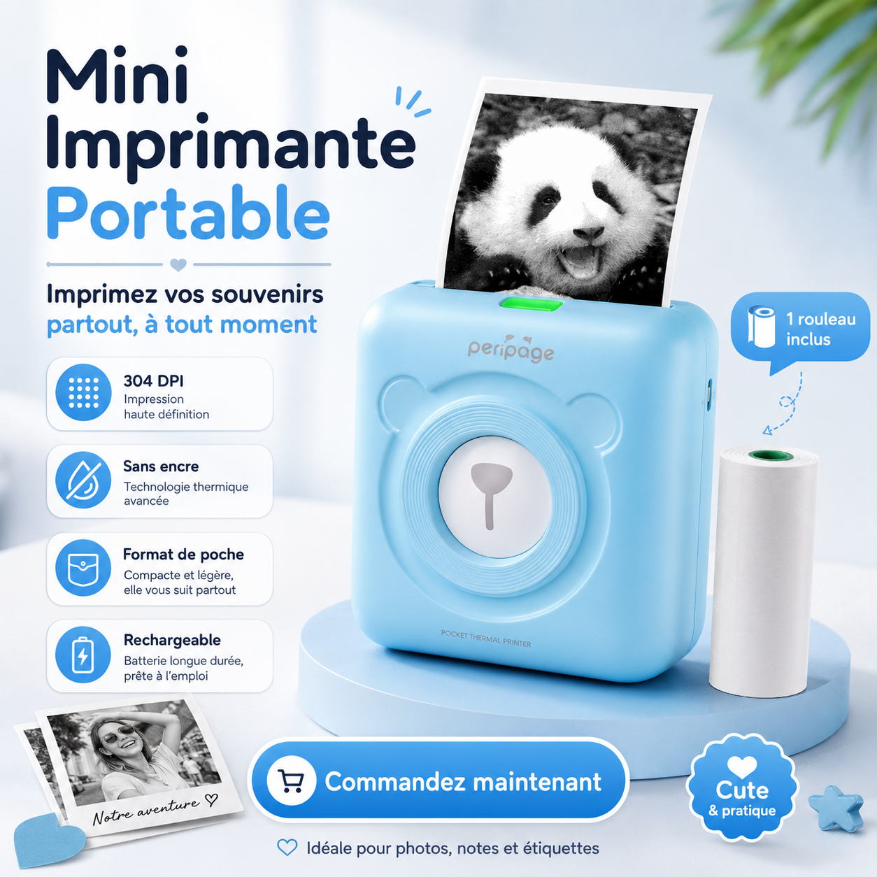 Imprimante Photo Portable A6 – Bluetooth, Sans Encre & Compatible iOS/Android