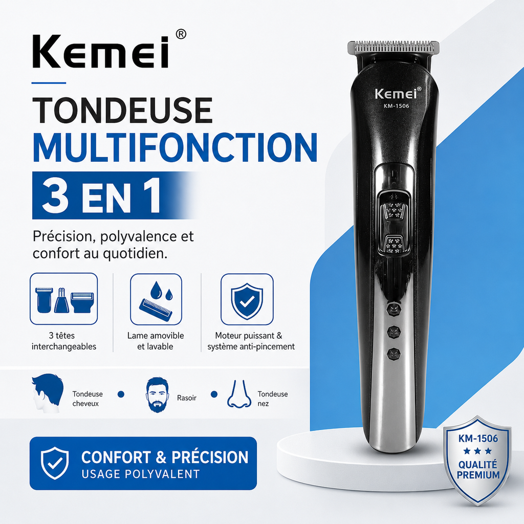 Rasoir Électrique 3 en 1 Kemei – Coupe, Rasage & Finitions Précises