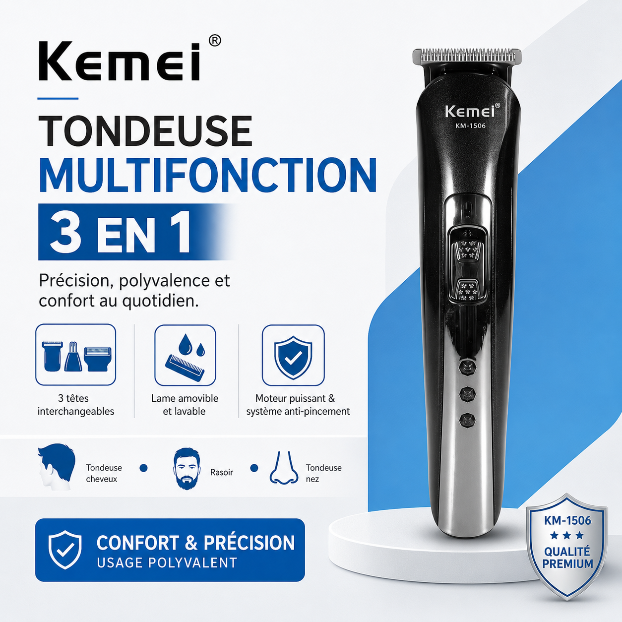 Rasoir Électrique 3 en 1 Kemei – Coupe, Rasage & Finitions Précises