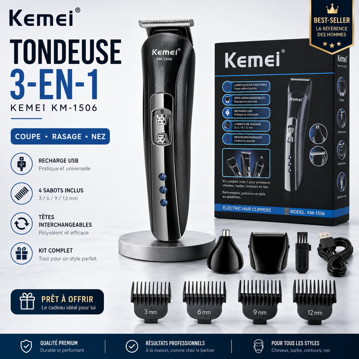 Rasoir Électrique 3 en 1 Kemei – Coupe, Rasage & Finitions Précises