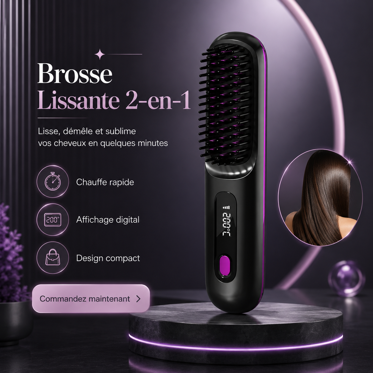 Brosse Lissante Sans Fil USB – Lissage Rapide, Écran LCD & Format Voyage