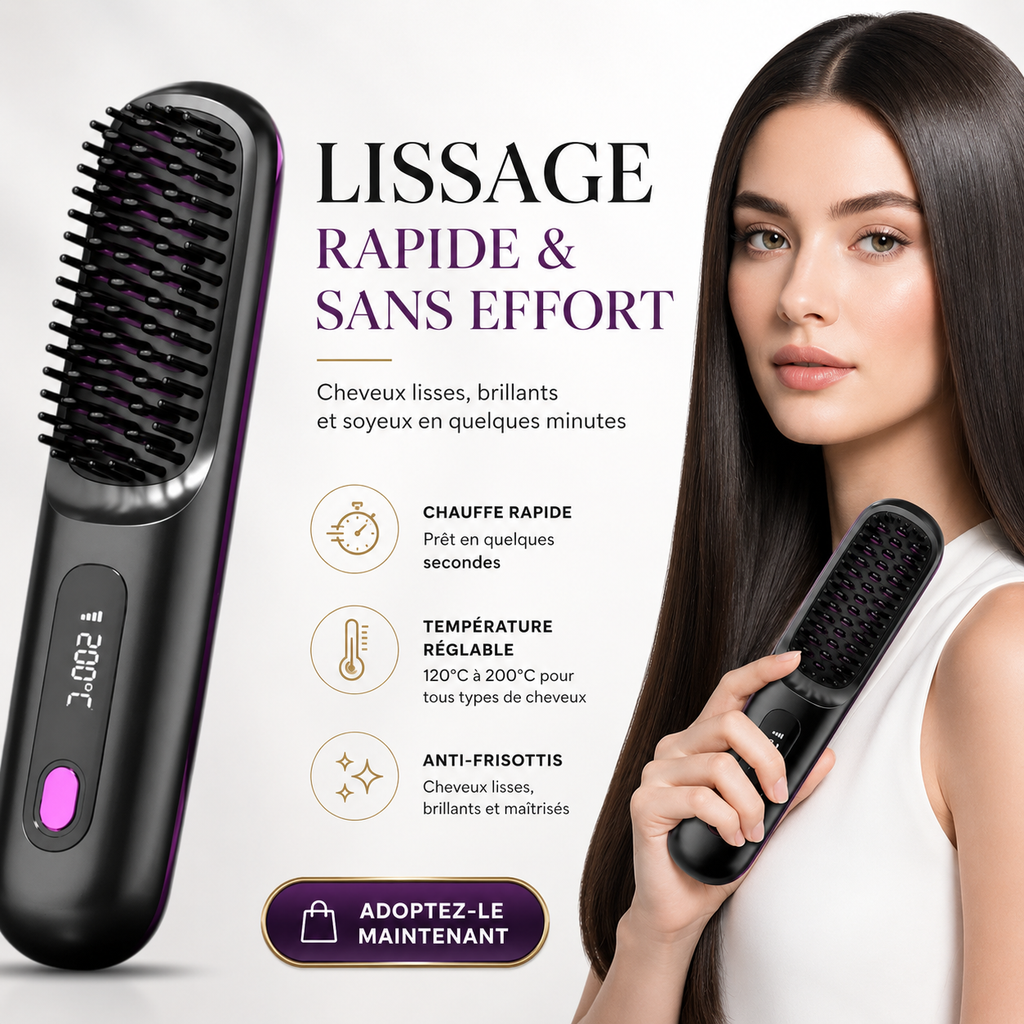 Brosse Lissante Sans Fil USB – Lissage Rapide, Écran LCD & Format Voyage