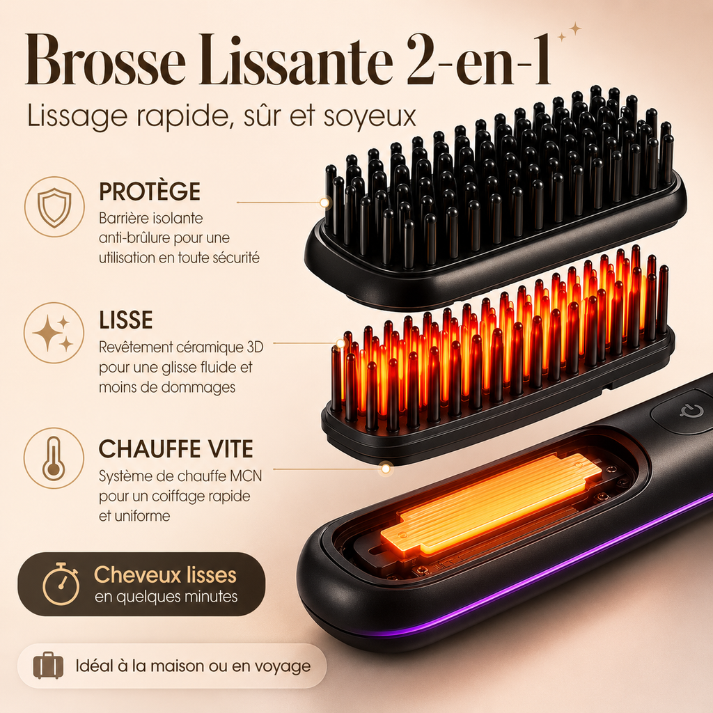 Brosse Lissante Sans Fil USB – Lissage Rapide, Écran LCD & Format Voyage