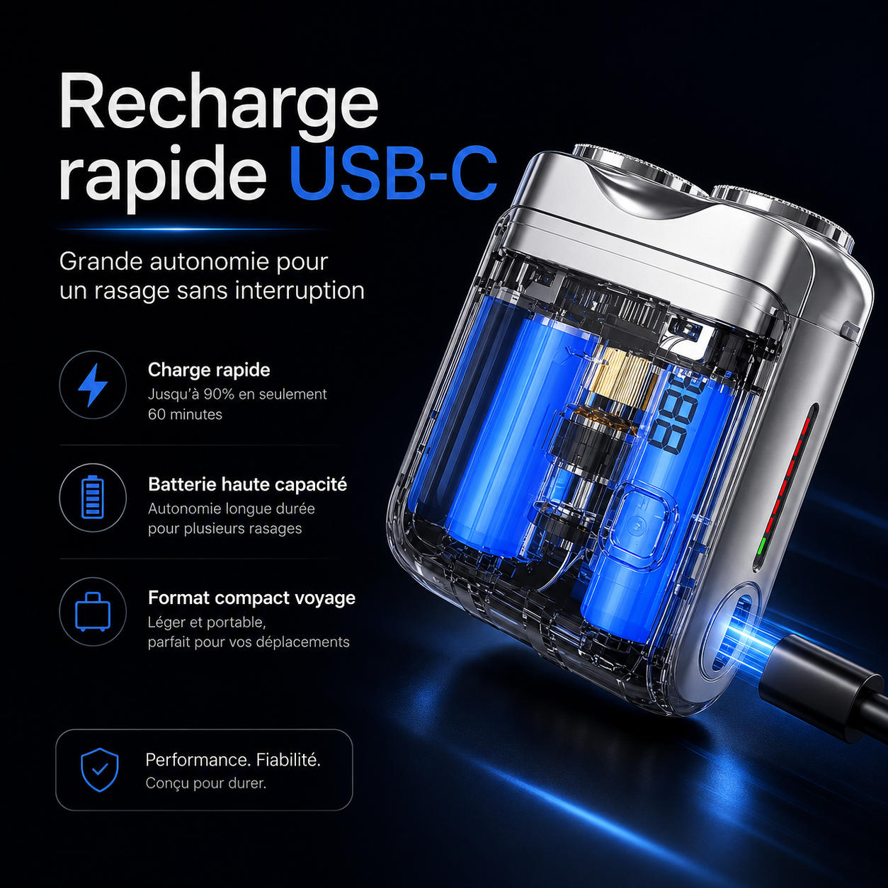 Mini Rasoir Électrique USB-C – Portable, Lavable & Affichage Digital