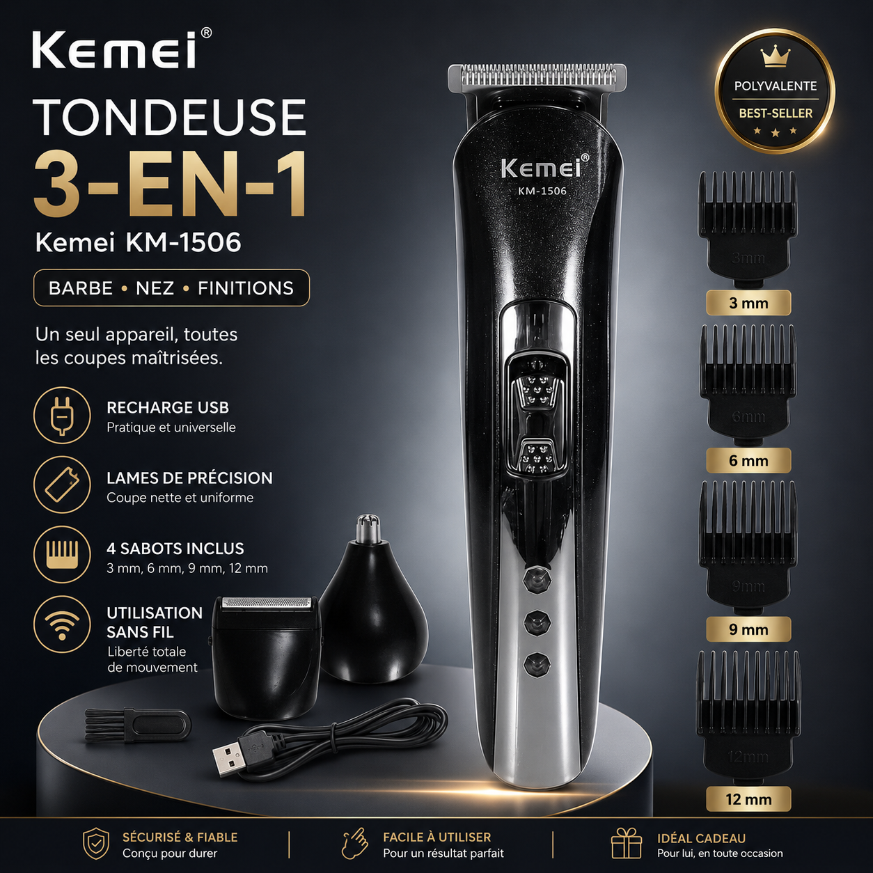 Rasoir Électrique 3 en 1 Kemei – Coupe, Rasage & Finitions Précises